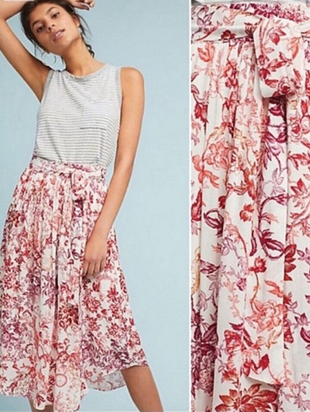 Maeve Anthropologie Staycation Floral Hi-lo Midi Skirt Sz Small Red Crram Pink